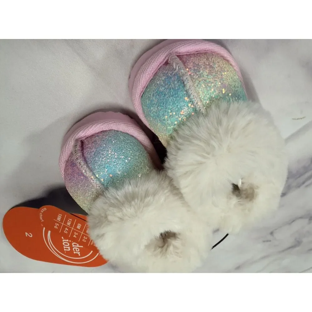 Wonder Nation Baby Girls Faux Fur Trim Multi Glitter Slippers